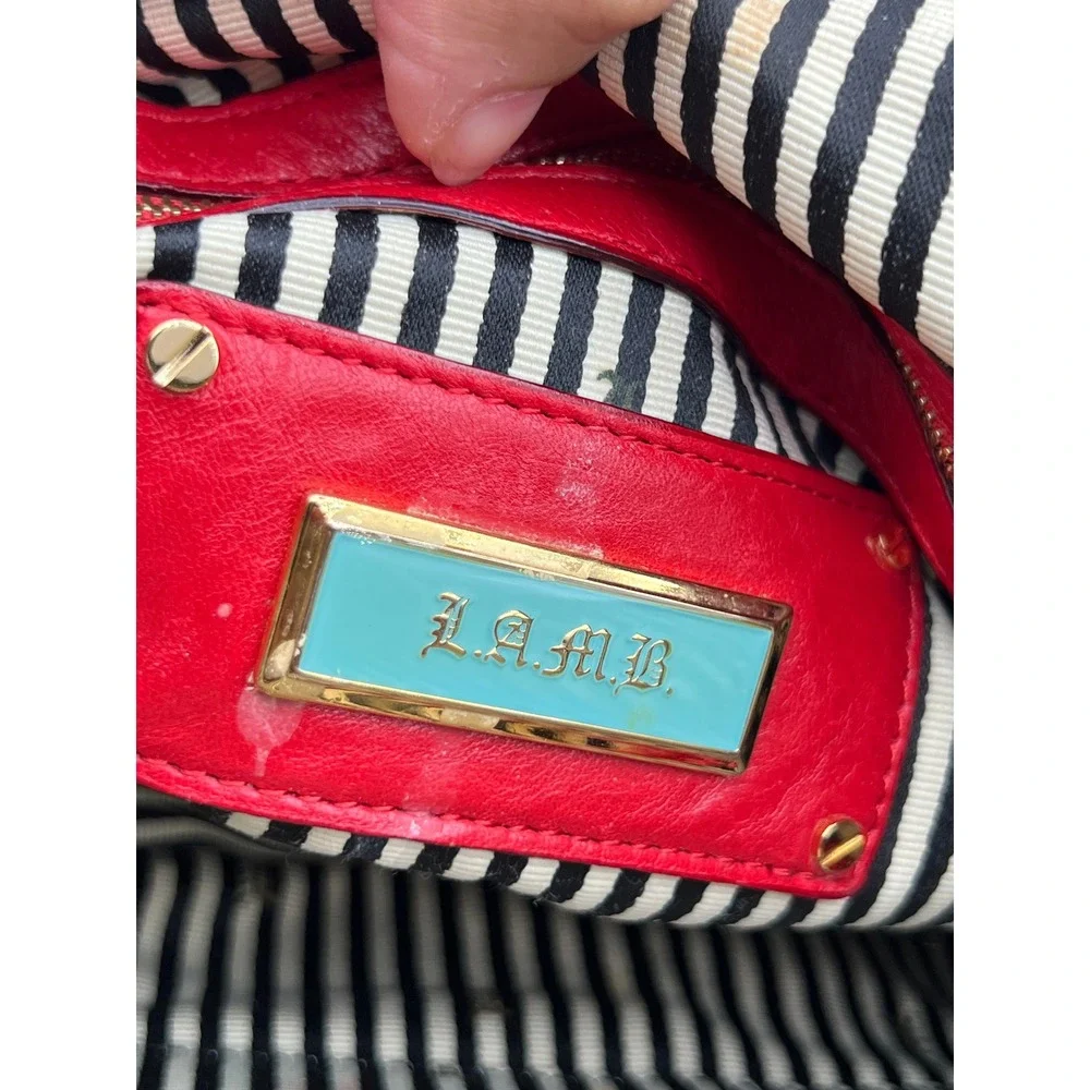L.A.M.B. Gwen Stefani Red Leather Satchel Handbag Racing Stripe Tassel Gold HW